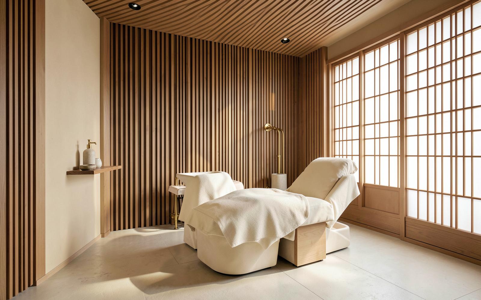 Sunlit hydro-scalp care lounge with walnut slats, shoji screens, and a cream recliner at JumeauxLV Las Vegas